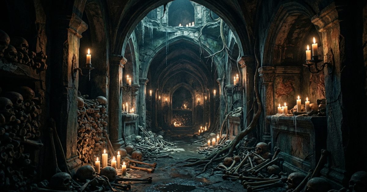Liminal horror spaces: underground corridor between light and darkness, gothic threshold