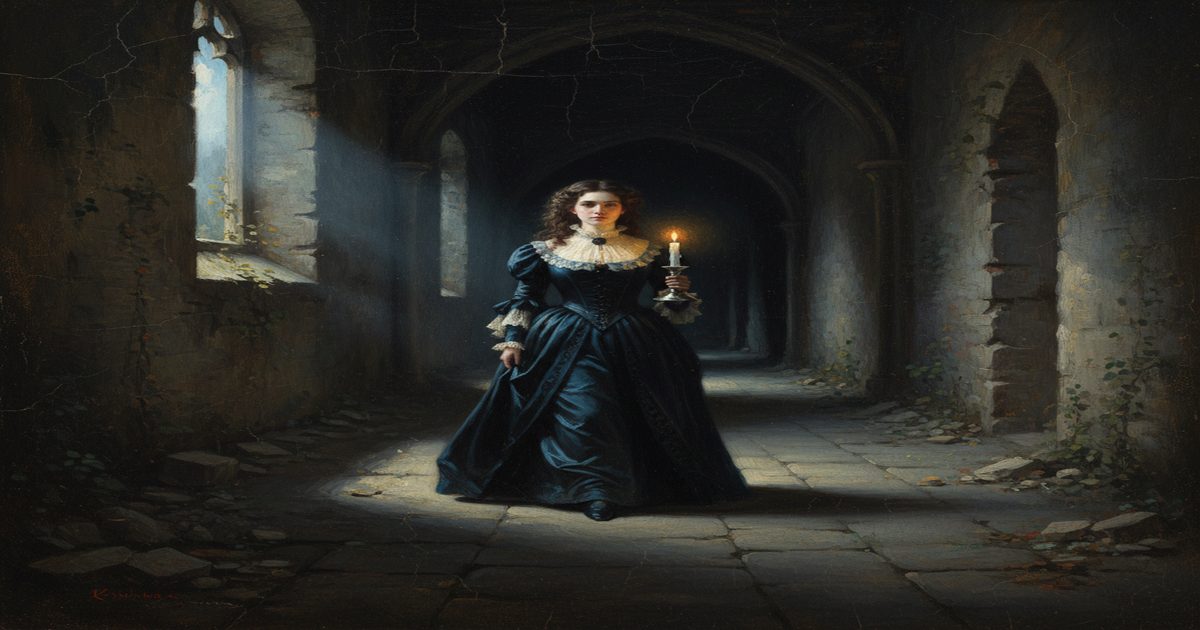 eroina gotica solitaria con candela in corridoio di castello, letteratura romantica