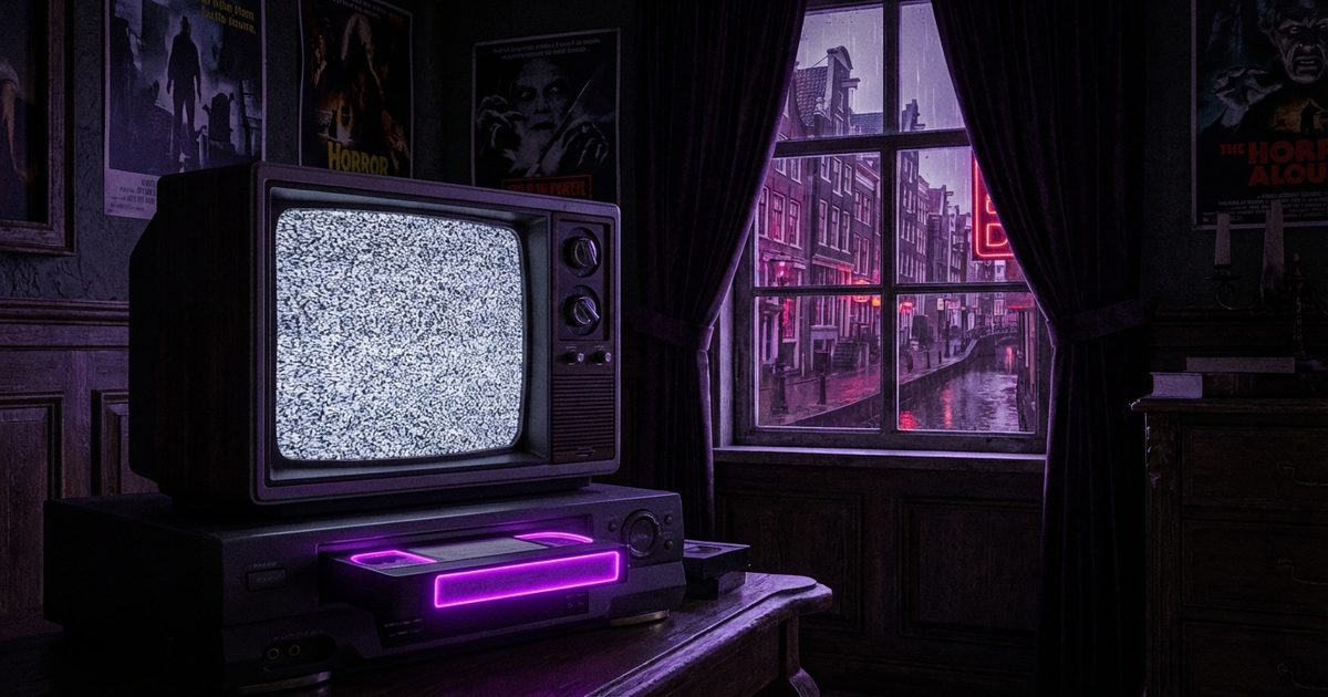 1980s horror cinema: VHS tape glowing in the dark with static on a vintage TV