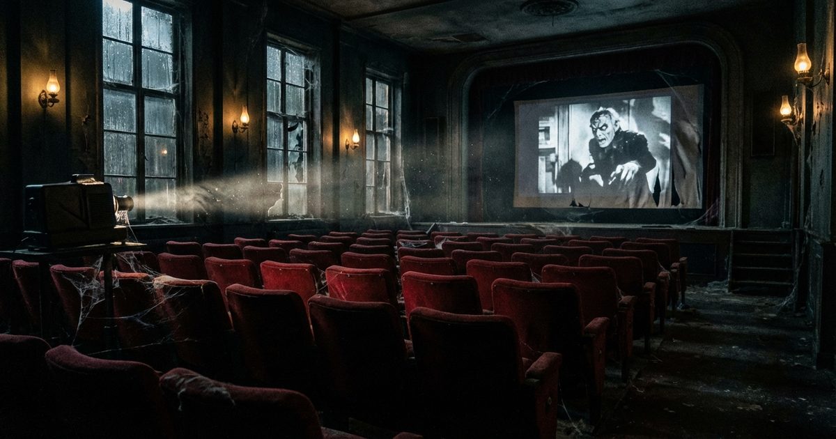 1980s horror cinema: abandoned movie theater with red seats and a running projector