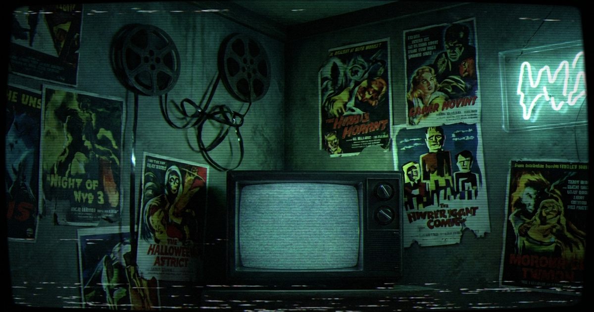 Televisore CRT nel buio che proietta luce sul nastro di una videocassetta VHS