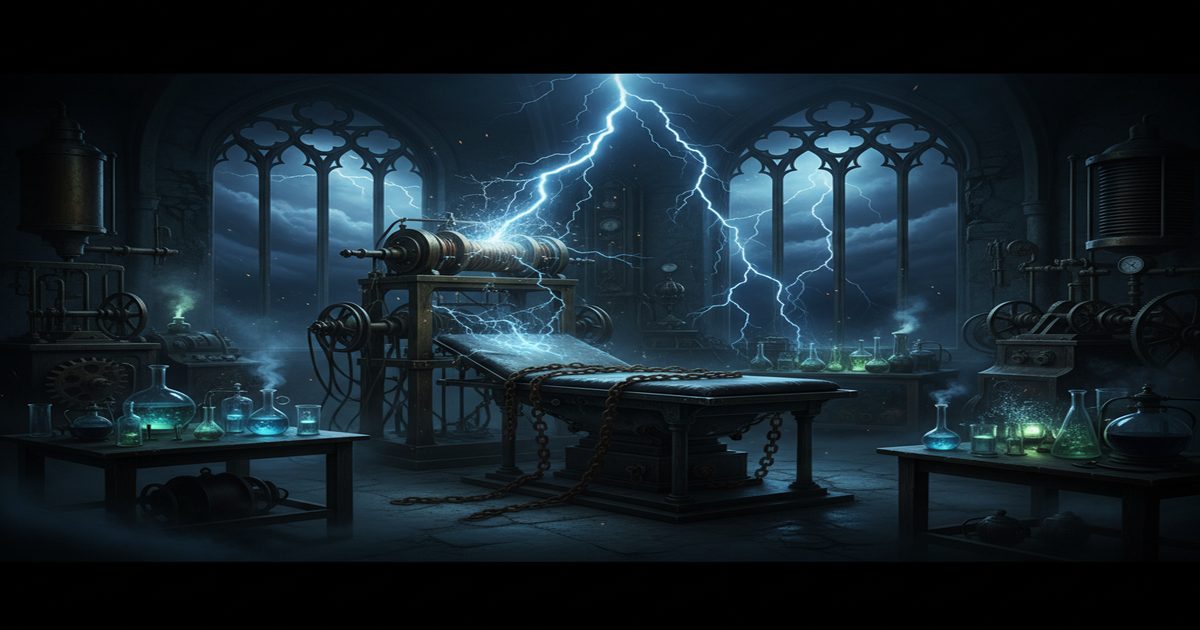 frankenstein laboratory gothic electricity horror cinema 2026 monster