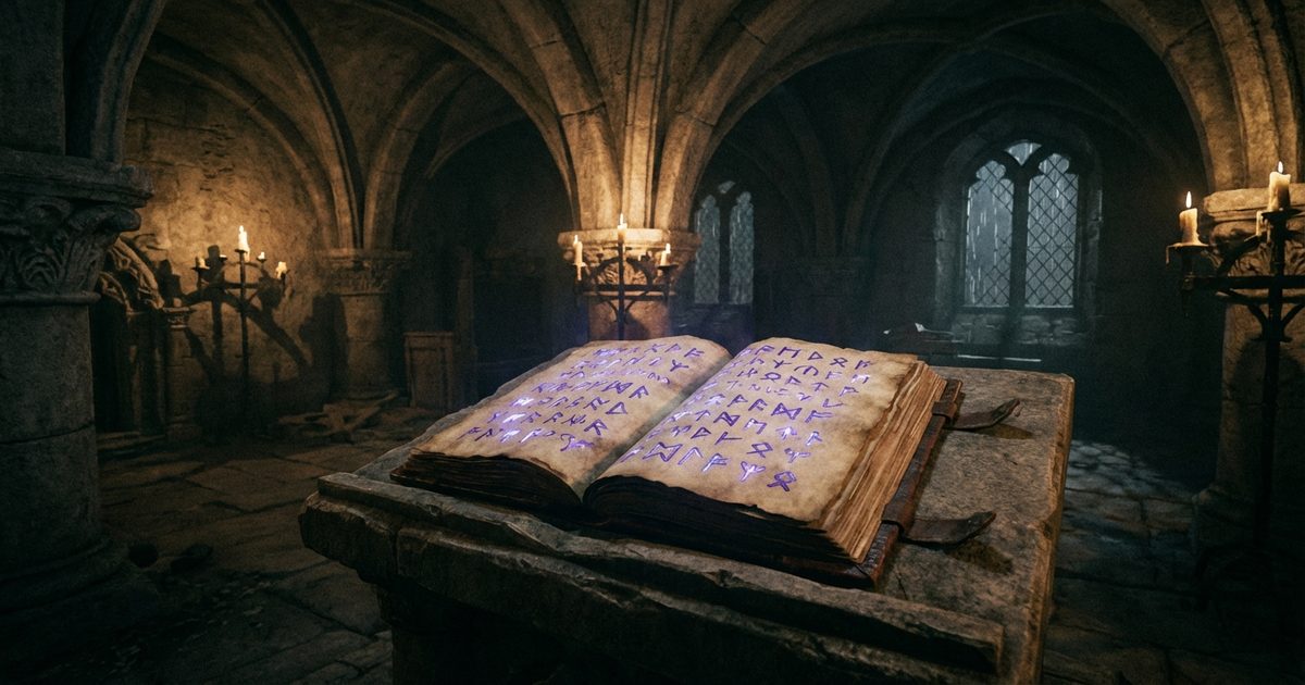 Necronomicon and cursed texts: ancient book with arcane symbols and supernatural light