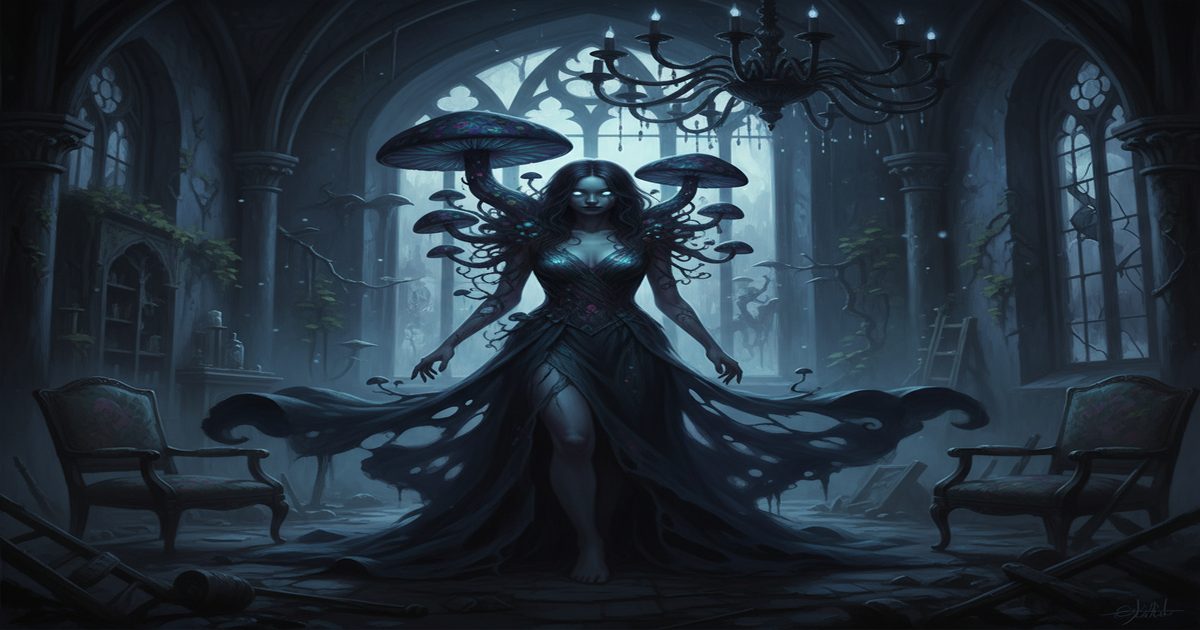 gothic woman body transformation organic mushroom growth feminist horror Victorian atmosphere