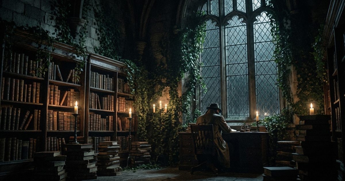 Dark Academia horror: gothic university hall with ancient books and candles