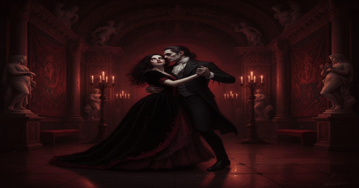 dark romance gotico, coppia in sala da ballo oscura, desiderio e terrore