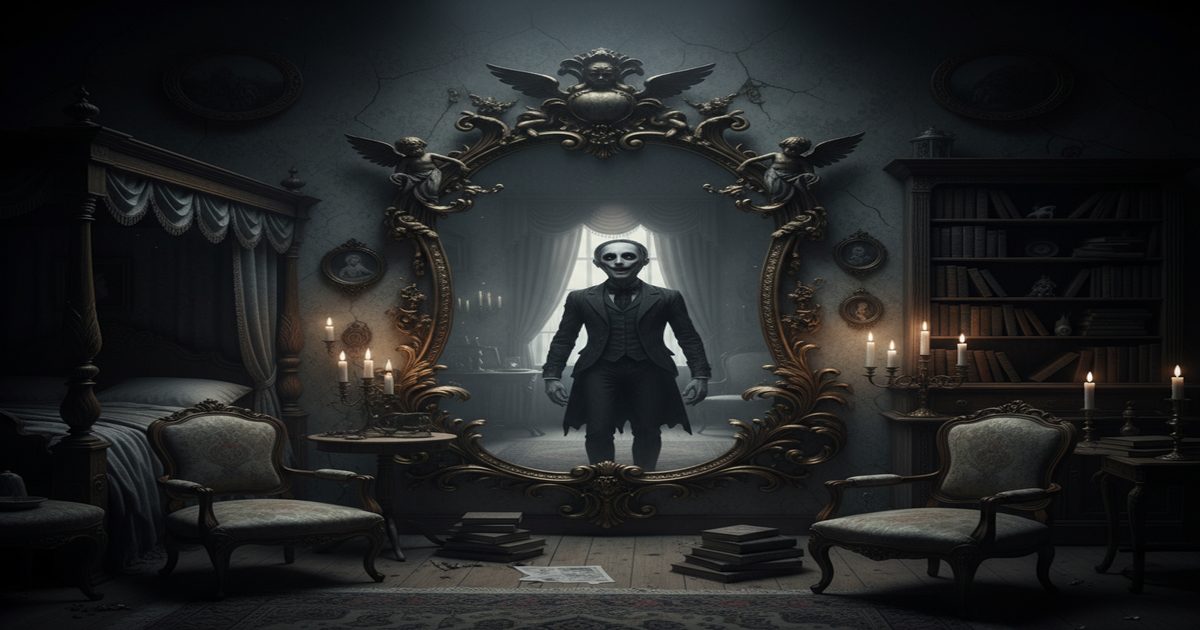 Baroque mirror with distorted reflection — the doppelgänger as identity crisis