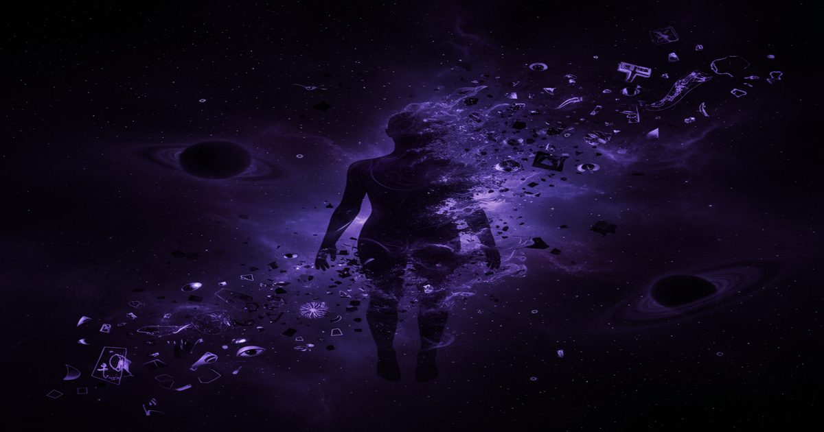 Human figure dissolving into cosmic void — loss of identity in modern horror
