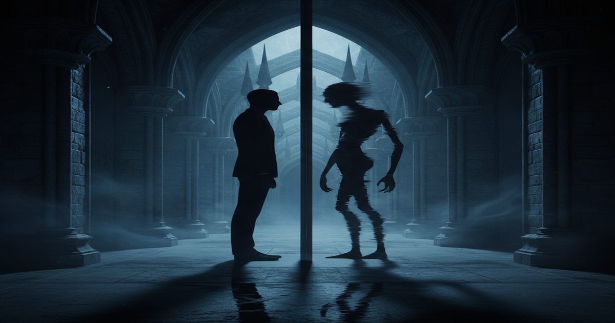 Two mirrored silhouettes in darkness — the doppelgänger in horror literature