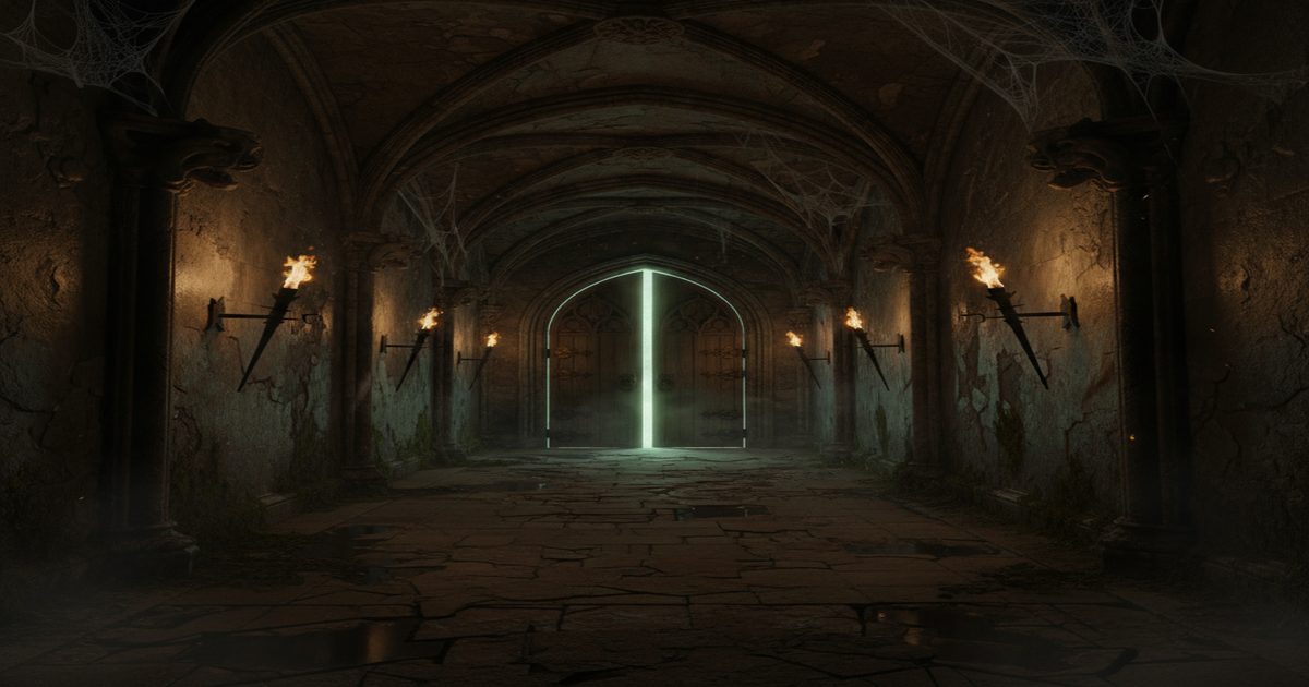 Gothic corridor with candlelight and half-open door — atmospheric horror in the style of Poe