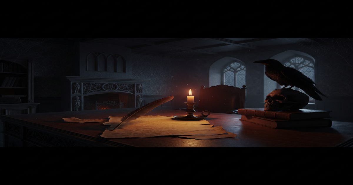 19th century gothic study with quill pen and raven — Edgar Allan Poe's horror aesthetic