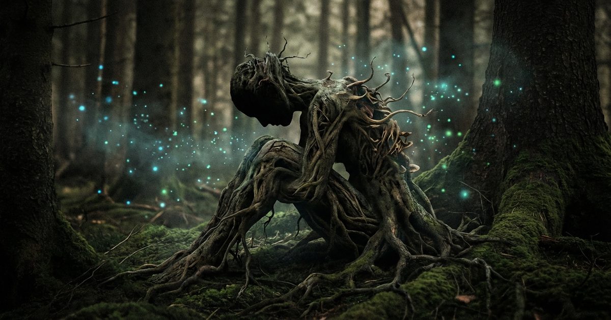 body horror funghi micelio silhouette umana radici horror ecologico