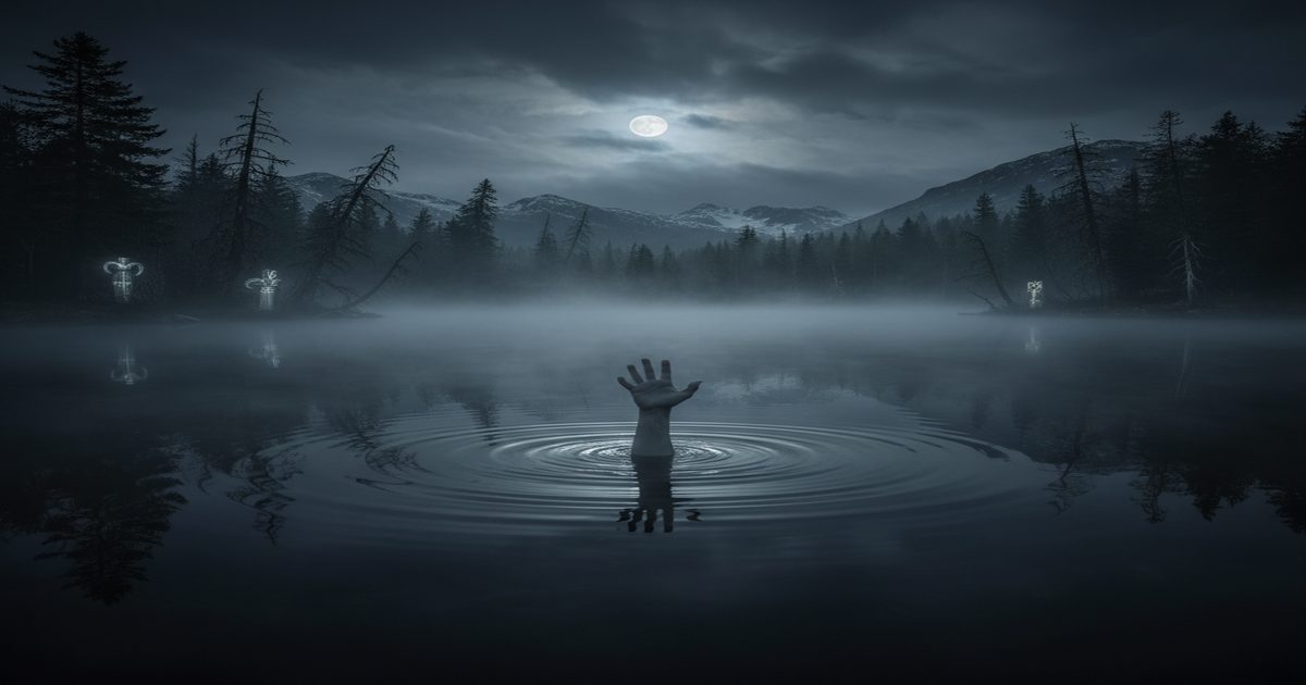 Dark Norwegian lake at night with pale hand emerging from black water, N&oslash;kken water spirit Nordic folk horror