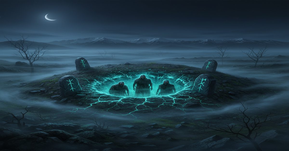 Viking burial mound at night with bioluminescent glow seeping from earth and runic carvings, Draugr Norse undead folk horror