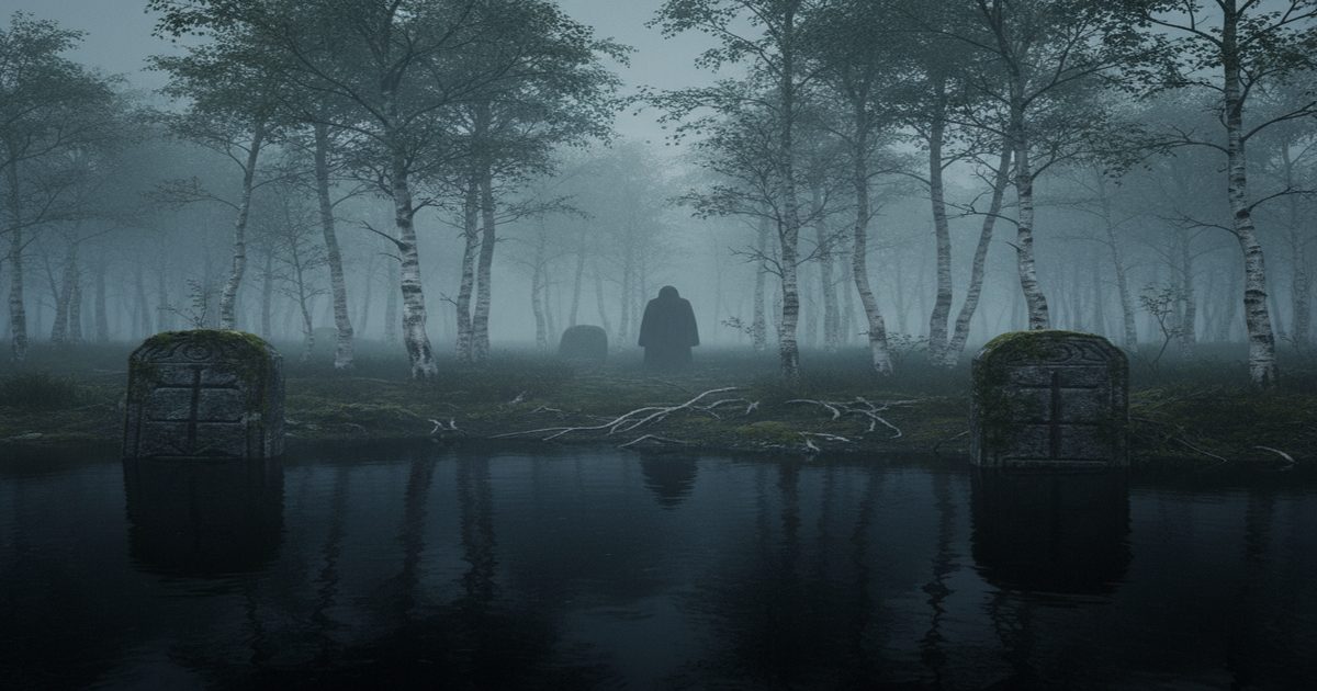 Scandinavian fjord at dusk with runic stones and shadowy figure in mist, Nordic folk horror and Norse mythology