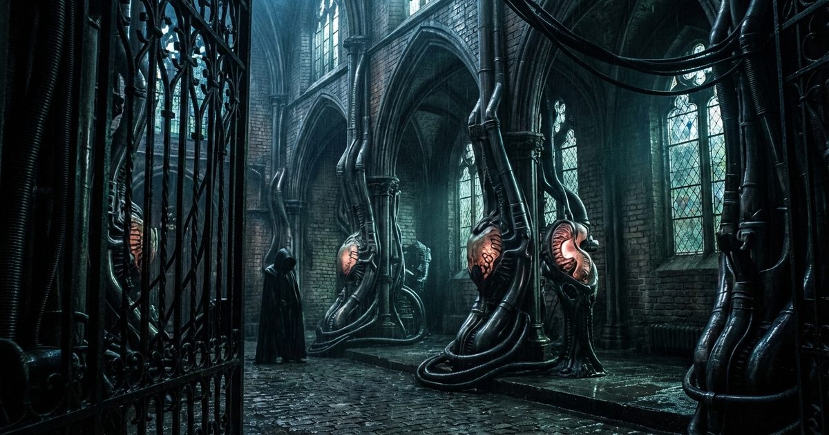 Arte biomeccanica horror: cattedrale aliena con sculture organiche in stile Giger