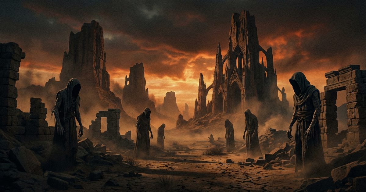 Paesaggio post-apocalittico surreale in stile Beksiński, figure scheletriche nel deserto