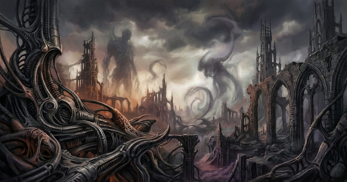 Arte macabra horror: fusione biomeccanica in stile Giger e paesaggio surreale di Beksiński