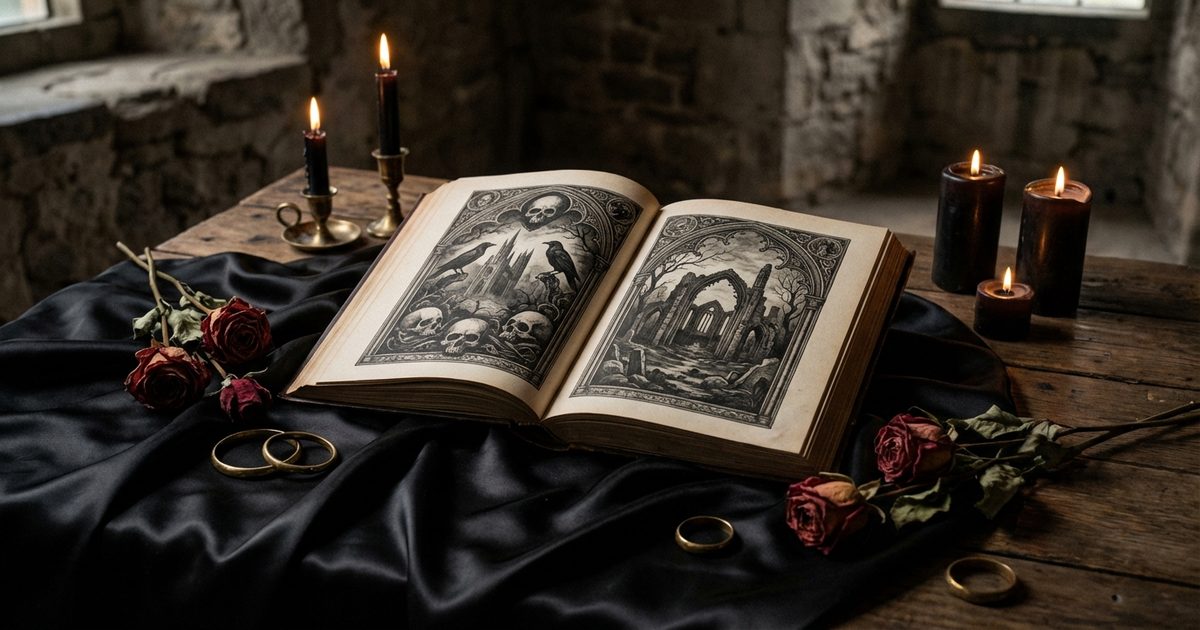 gothic minimalism literary gothic comparison, open antique book with gothic illustrations surrounded by dark fabric and candlelight