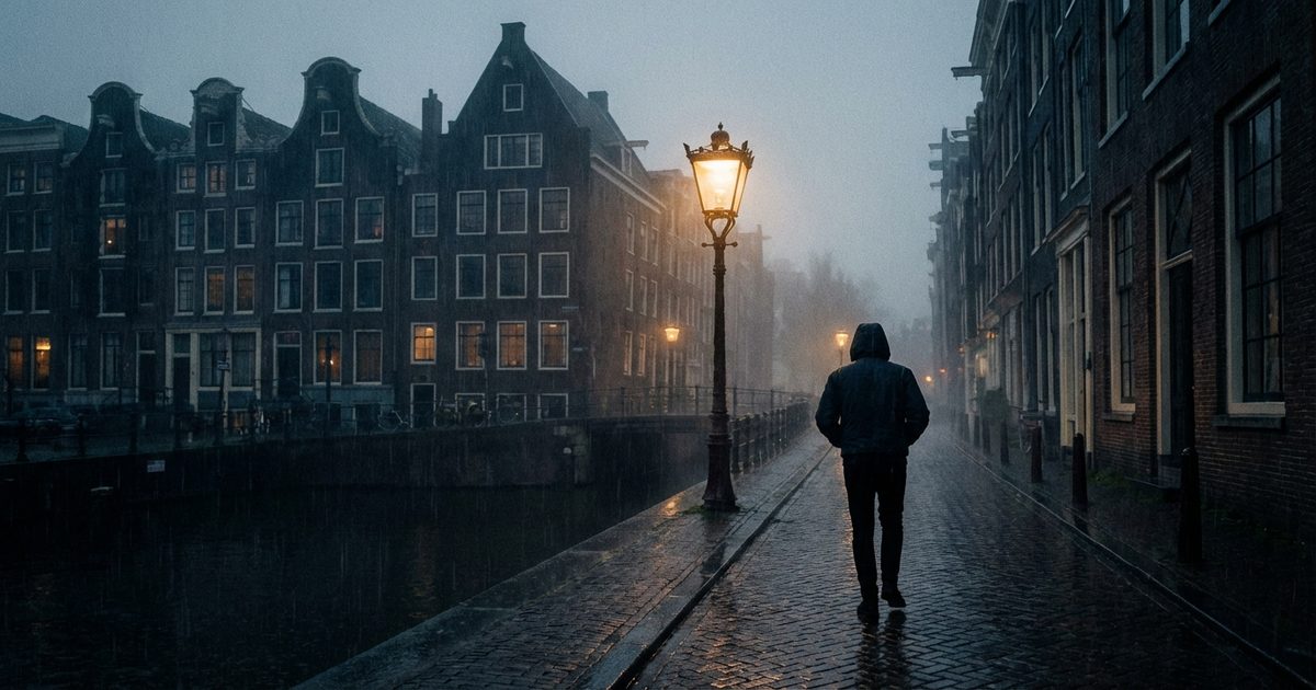 gothic horror aesthetic amsterdam night, figure in modern black clothing on gothic canals