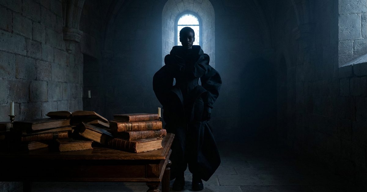 gothic minimalism 2026 aesthetic fashion, black architectural silhouette with ancient books and candlelight