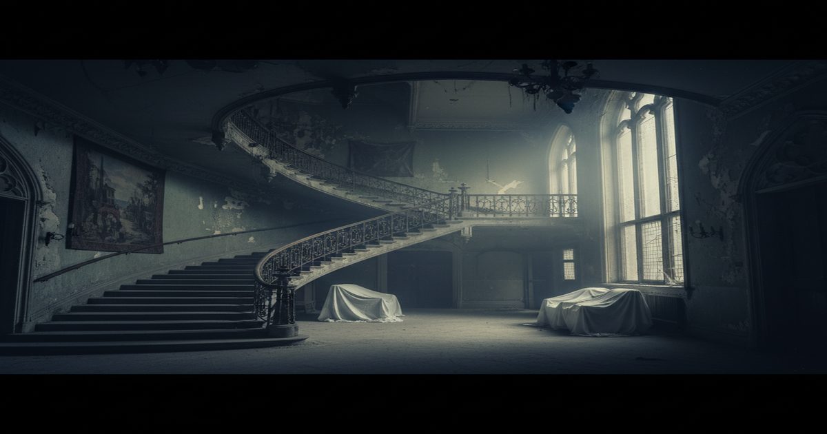 gothic isolation Manderley Rebecca du Maurier decaying grand staircase shadow interior