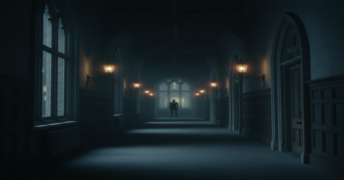 gothic boarding school corridor night gas lamps silhouette Victorian horror isolation