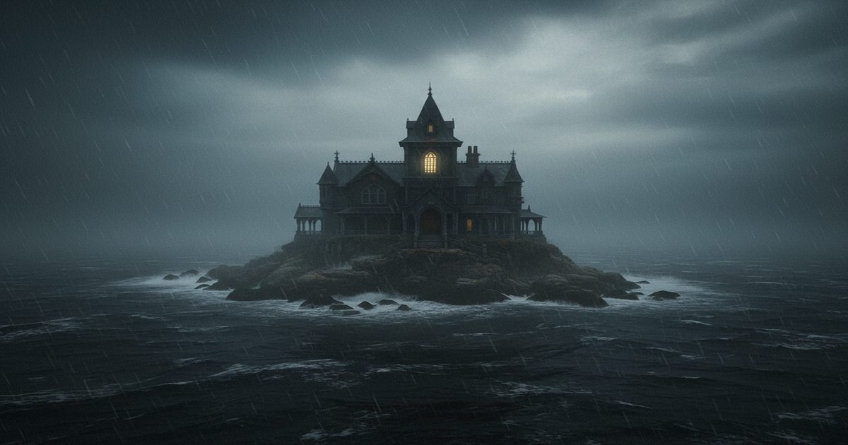 gothic isolation foggy island mansion Victorian architecture single window light stormy sea