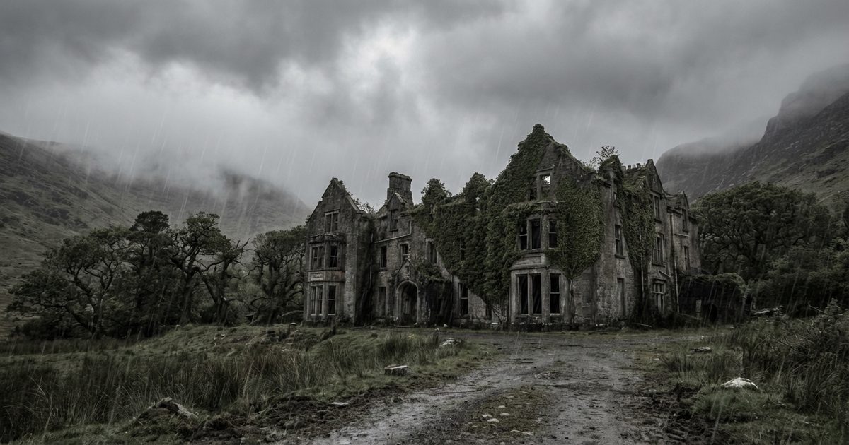 isolated Irish stone hotel rain mist folk horror Celtic isolation