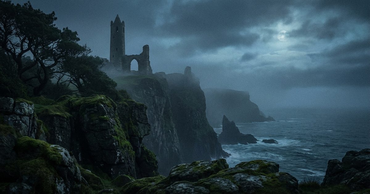 Irish folk horror cliffs fog night Celtic folklore horror
