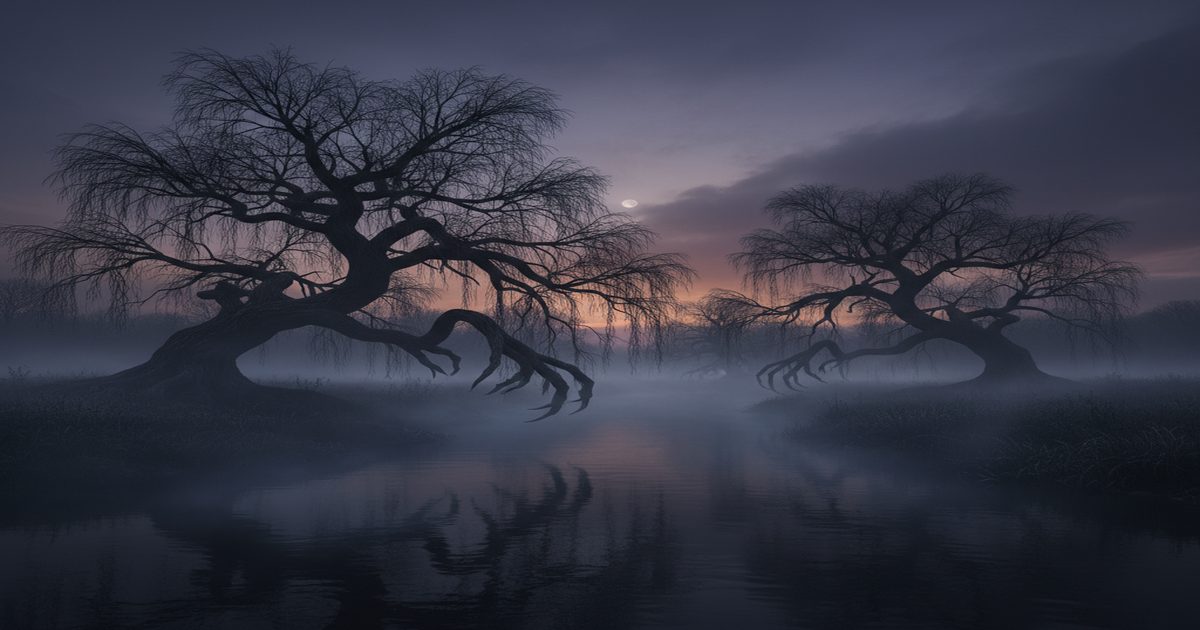 horror botanico salici sinistri fiume nebbia natura gotica