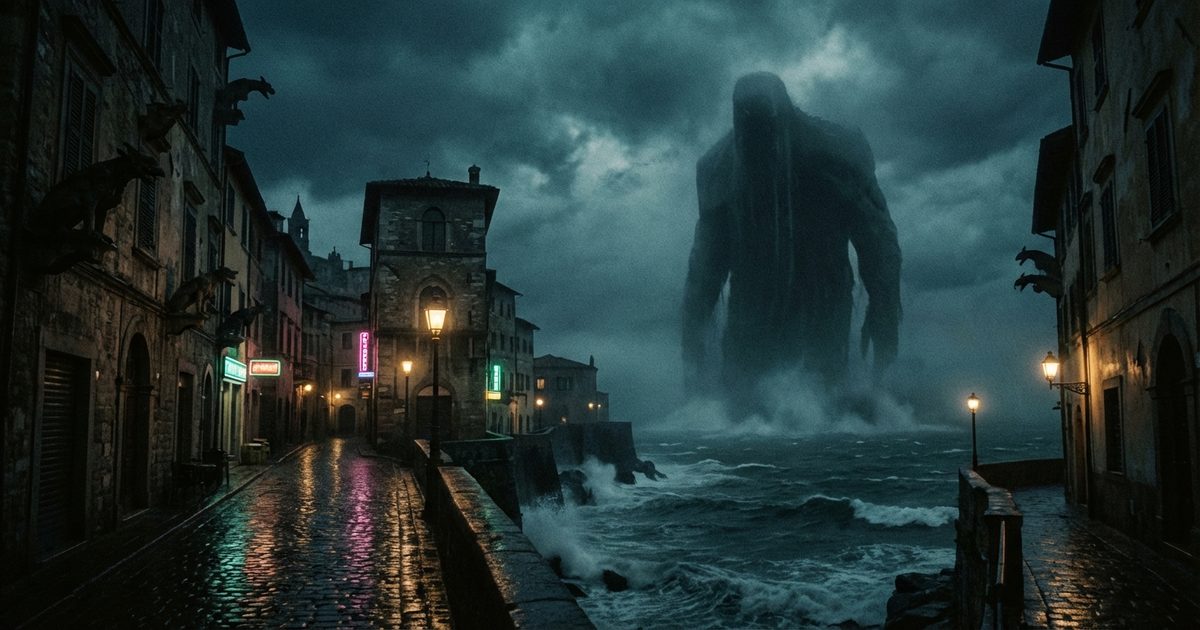 Portale dimensionale oscuro in stile horror cosmico, soglia tra realt&agrave; e inconcepibile