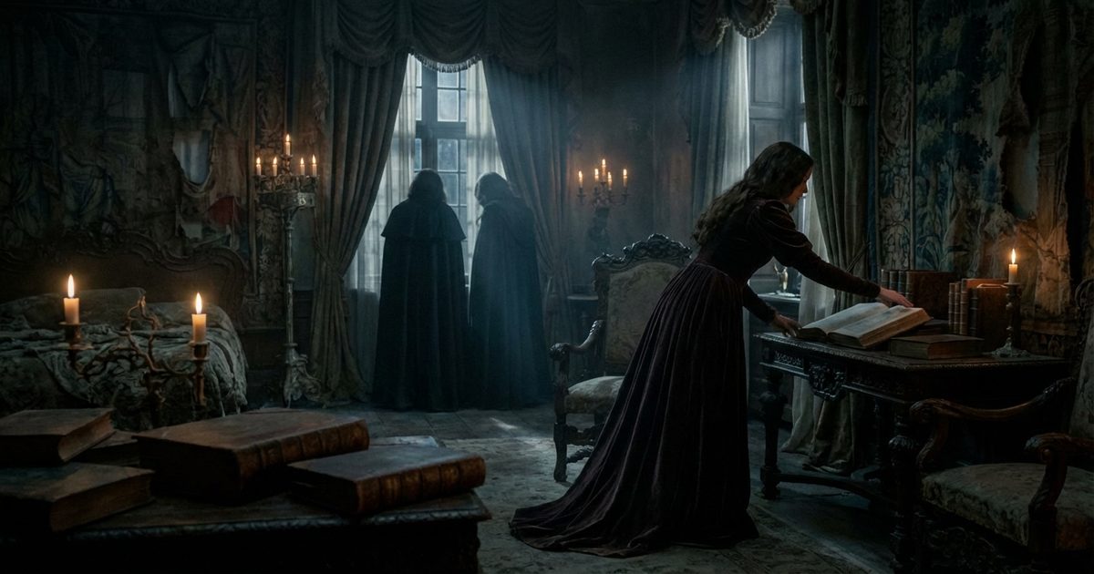 Dark baroque interior with shadowy figures, candlelight and crimson velvet — erotic horror atmosphere