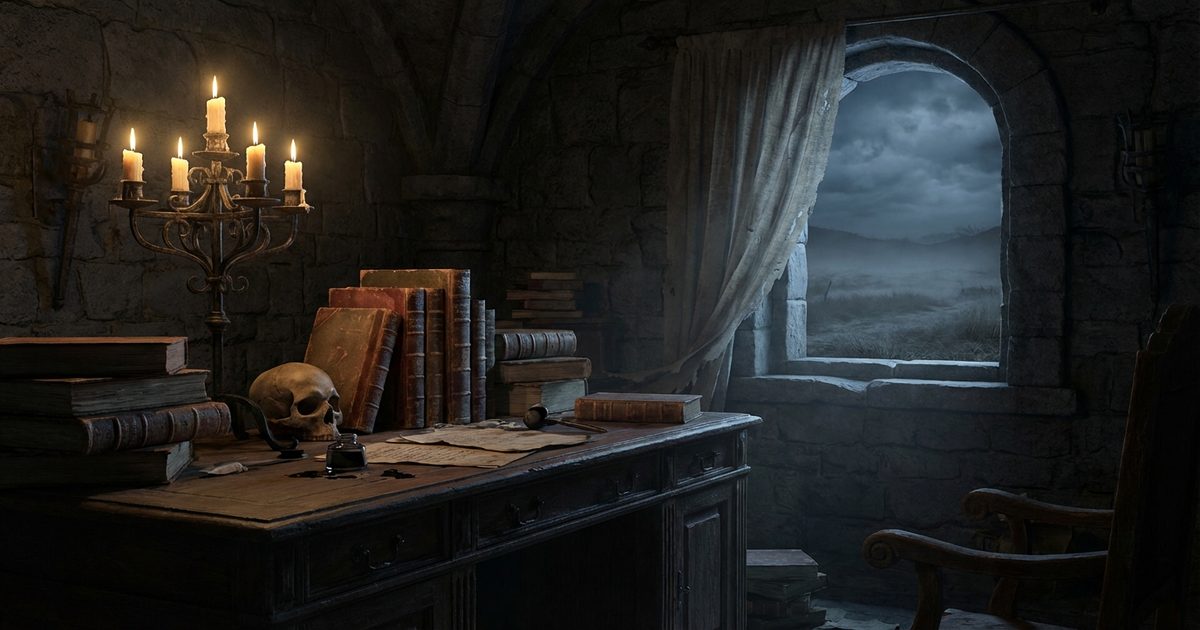 Candlelit books and skull against gothic darkness, evoking Thomas Ligotti&rsquo;s cosmic pessimism