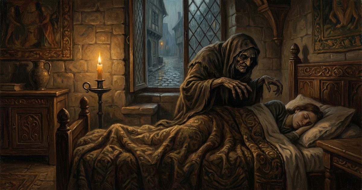 Paralisi del sonno: demone Old Hag sul petto di un dormiente, incubo medievale