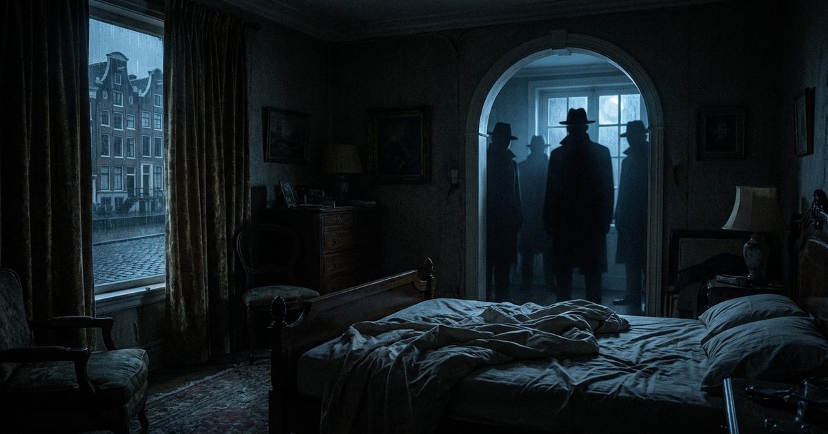 Shadow people: figure d'ombra nella porta di una camera da letto notturna