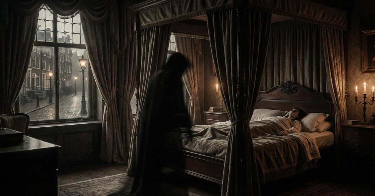 Paralisi del sonno: figura oscura in piedi accanto al letto, illustrazione gotica notturna