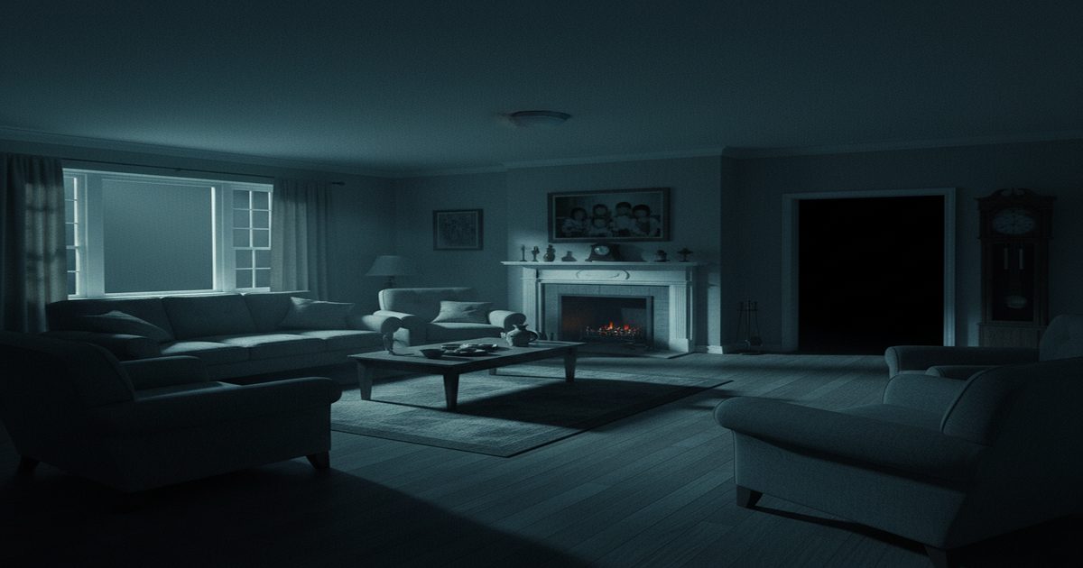 Familiar living room at night with something subtly wrong, uncanny horror and psychological dread