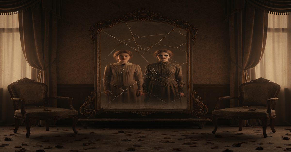 Cracked antique mirror showing two slightly different reflections, symbol of Freud&rsquo;s uncanny and psychological horror