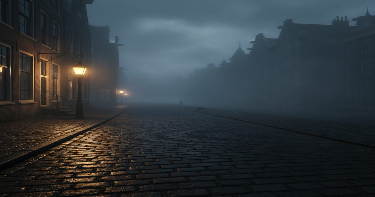 amsterdam canal cobblestone night lantern dark history rampjaar 1672