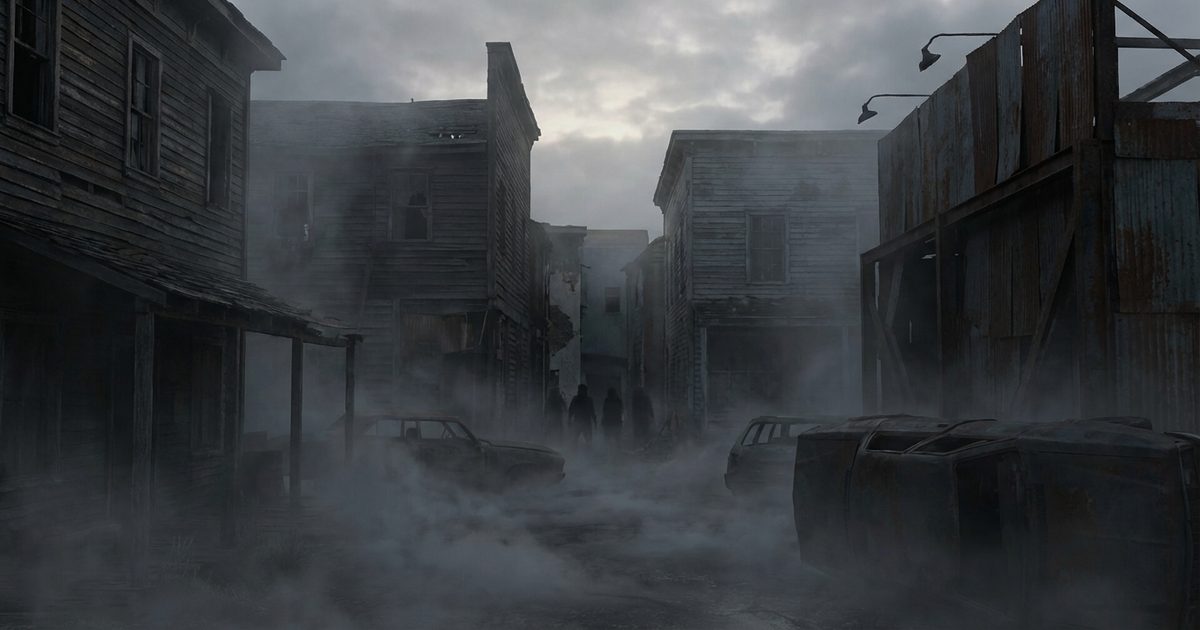 Citt&agrave; abbandonata nella nebbia con corridoi rugginosi e decadenti, atmosfera horror psicologica di Silent Hill