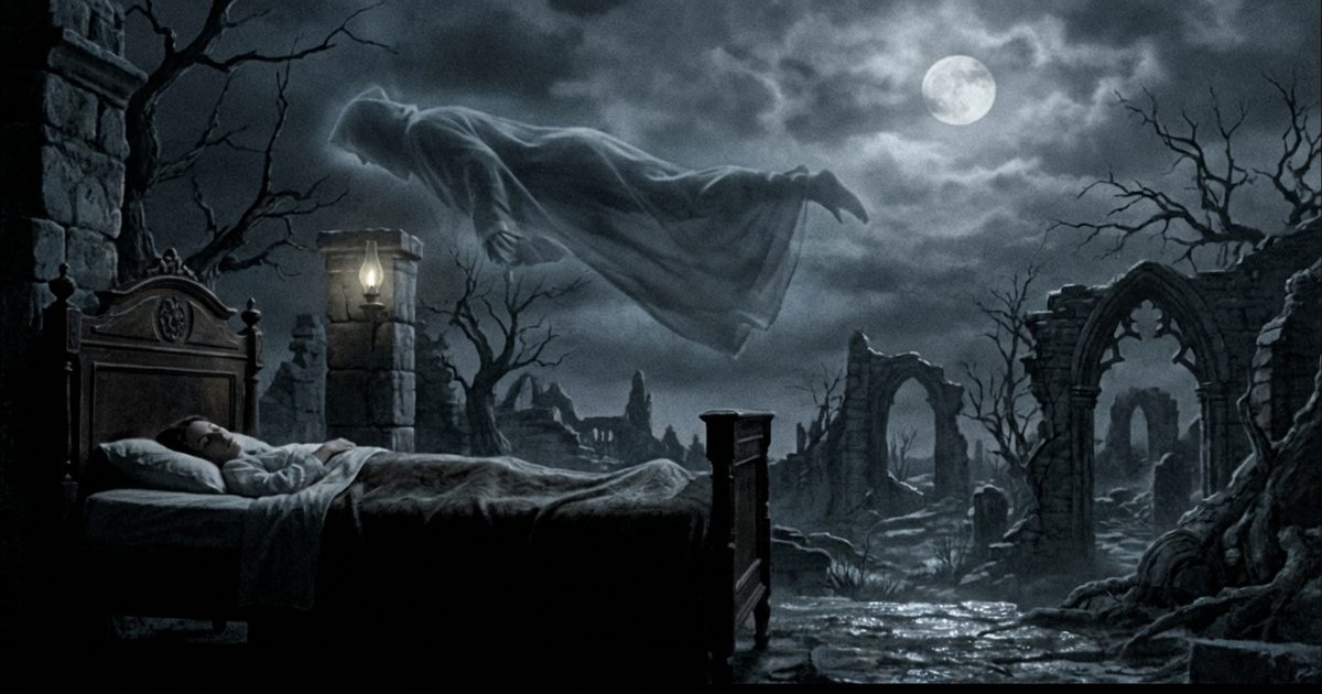 Incubo cosmico: dormiente avvolto da visioni lovecraftiane e ombre tentacolari