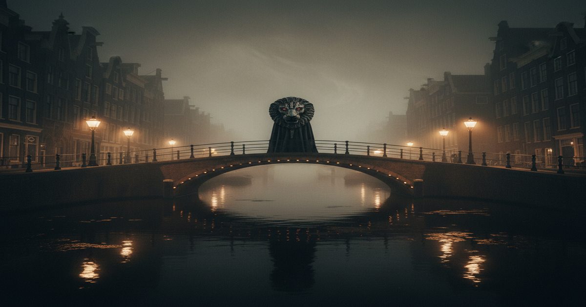 Amsterdam canale notturno con maschera pagana — noir gotico olandese