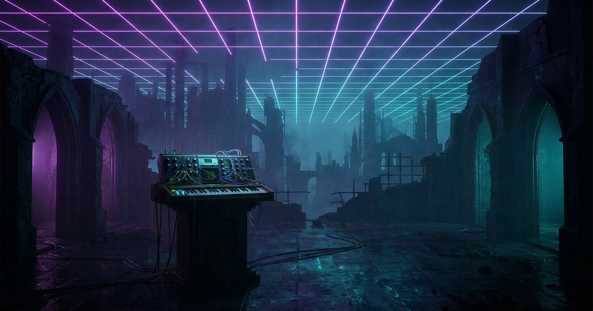Sintetizzatore con luce al neon viola e turchese su griglia retro anni &rsquo;80, estetica synthwave e darkwave gotico