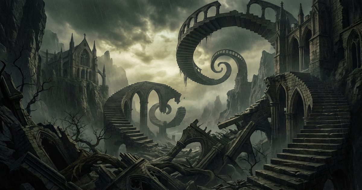 Weird fiction: surreal landscape with impossible architecture and dreamlike atmosphere