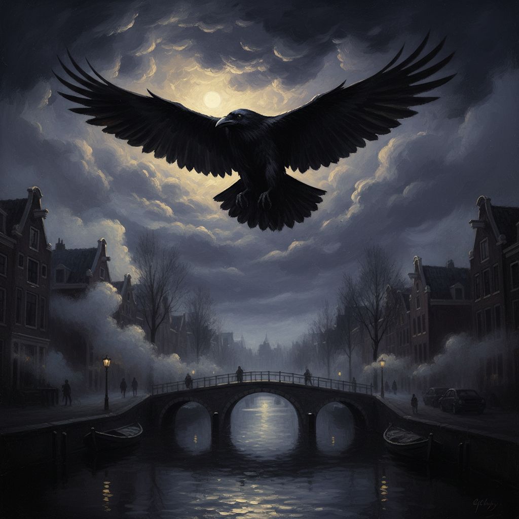A black crow with spread wings flying over Amsterdam canals at night - scene from The Bordello of Shadows novel