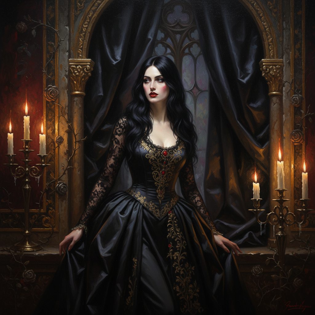Lana appare nell'angolo di una stanza opulenta con drappi di raso scuro. Capelli corvini, occhi curiosi e affamati, labbra scarlatte, sorriso enigmatico.