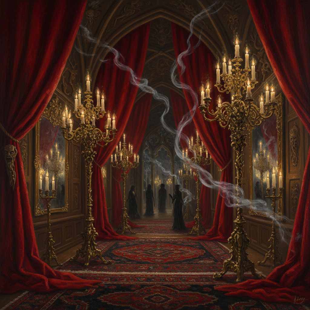 Opulent interior of The Bordello of Shadows with scarlet velvet curtains