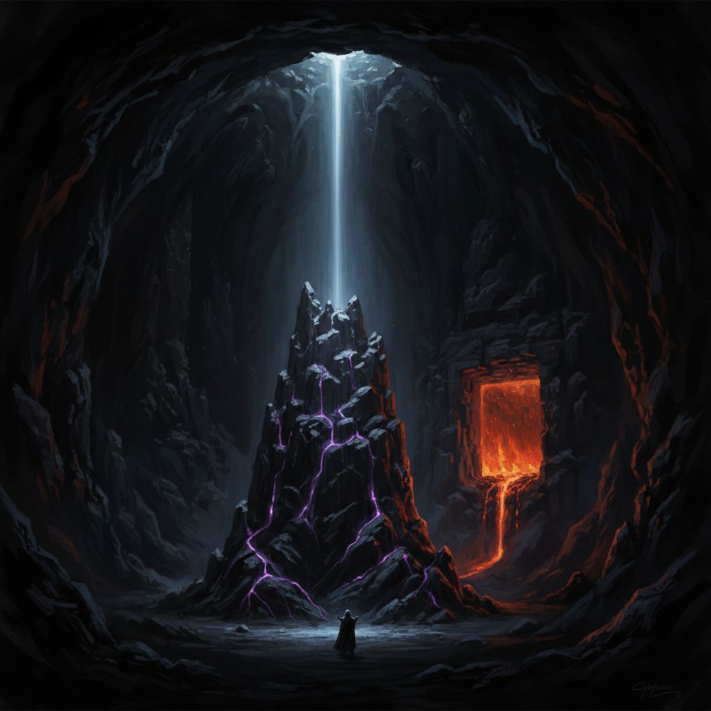 Immense underground cavern with black rock formation veined with violet