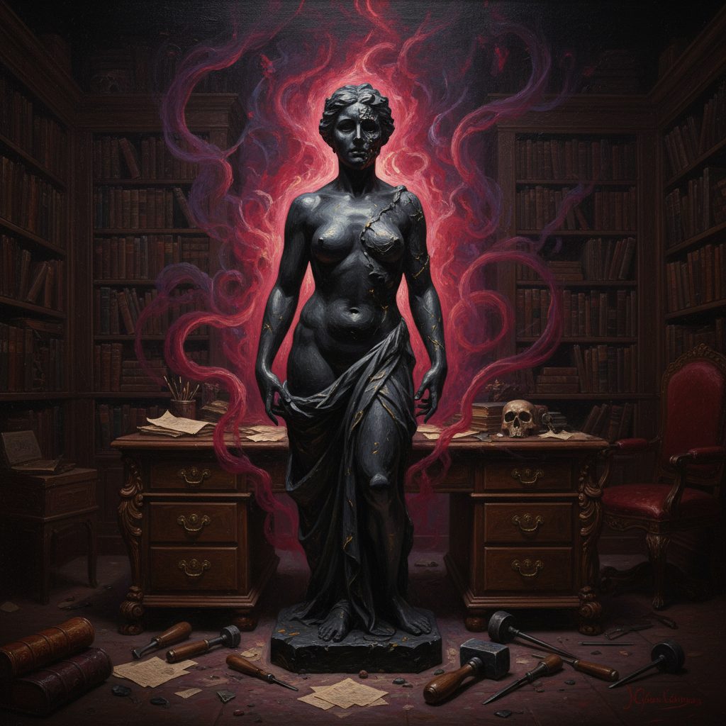 Alex si risveglia e trova una statua femminile incompiuta nell'ufficio, creata da lui stesso durante la trance. La forma suggerisce la Signora delle Ombre.